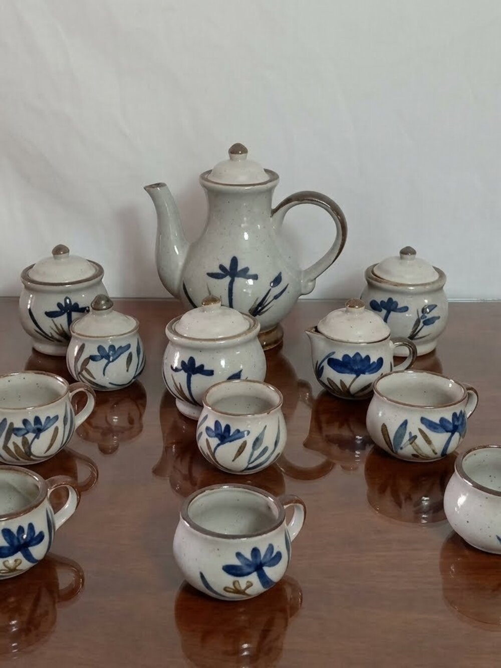Vintage Japanese Blue Lotus Stoneware Coffee & Tea Set 12 Pc
